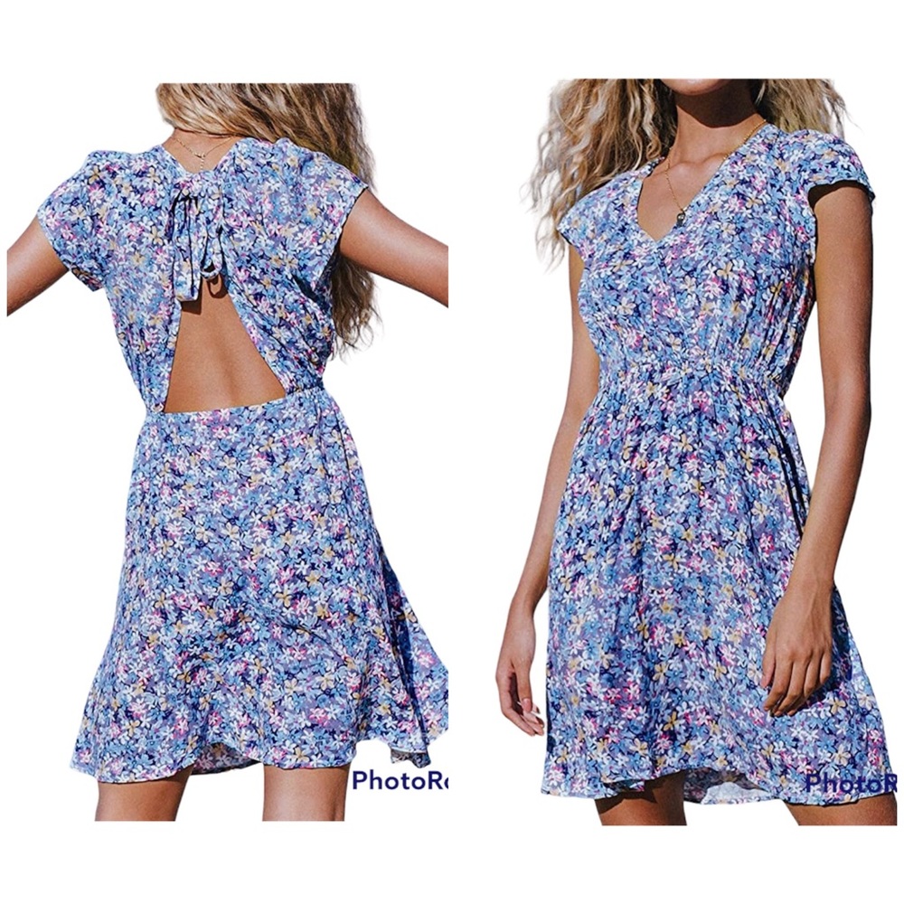 Cupshe blue floral open back tie dress coverup M